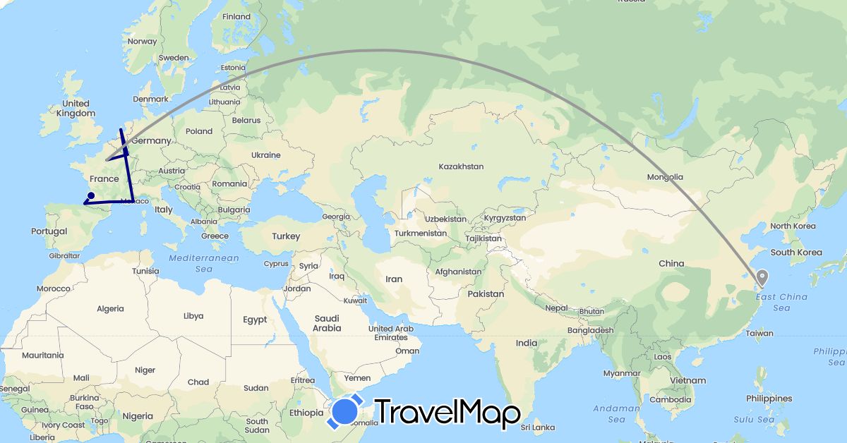 TravelMap itinerary: driving, plane in China, France, Luxembourg, Netherlands (Asia, Europe)